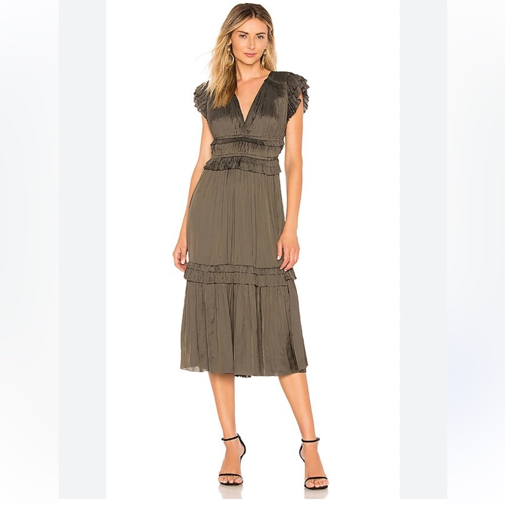 Ulla Johnson JOLEE Olive Green Ruffled Tiered Midi Dress